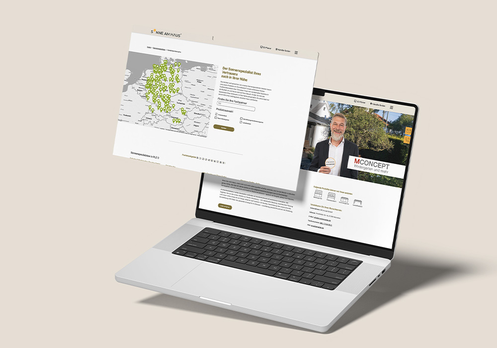 Laptop mit geöffneter Website, die eine Deutschlandkarte mit markierten Standorten und eine Partnerseite zeigt