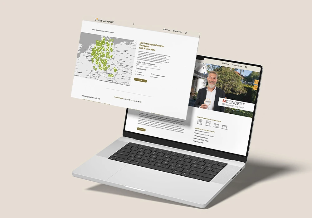 Laptop mit geöffneter Website, die eine Deutschlandkarte mit markierten Standorten und eine Partnerseite zeigt