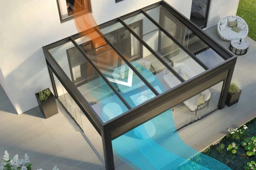 Abbildung von einem Sommergarten mit Dachfenster welches Belüftung darstellt