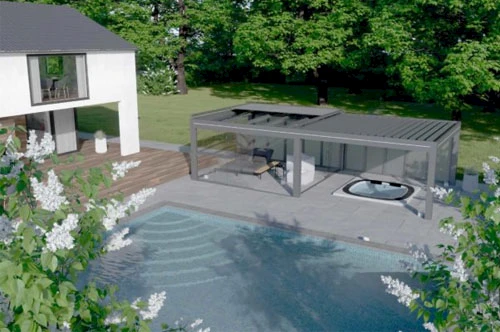 Lamellendach im Garten mit Pool