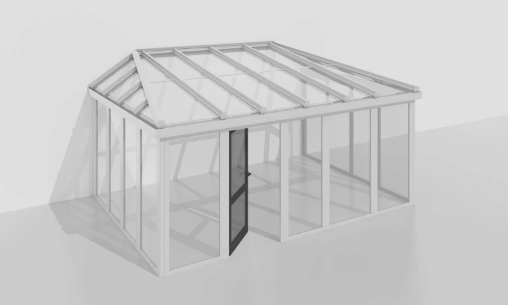 3D-Darstellung eines Wintergartens mit Tür