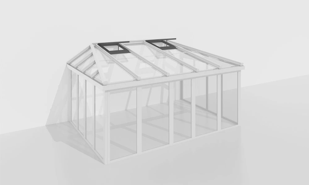 3D-Darstellung von einem Wintergarten mit Dachfenstern