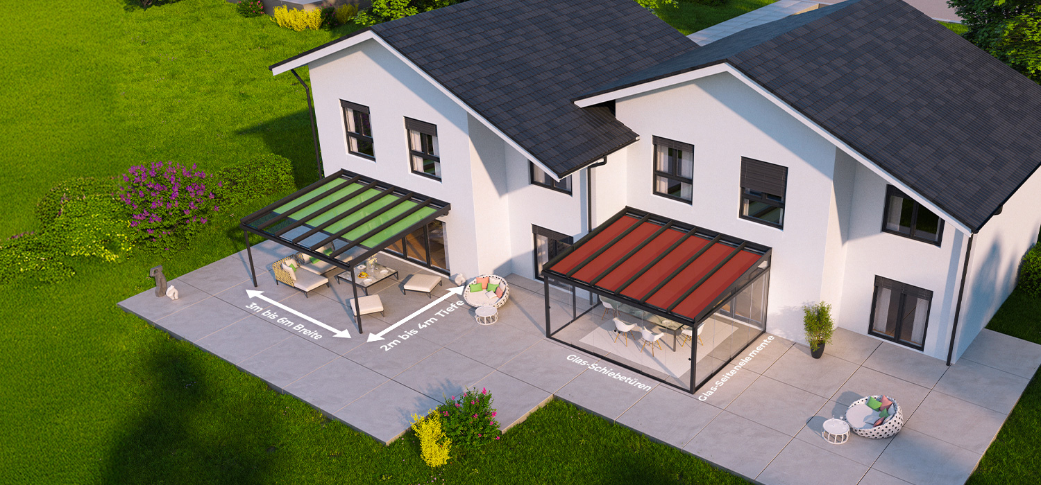 Zwei moderne Terrassendächer an einem Einfamilienhaus mit Glasdach, farbigen Markisen (grün und rot) und Beschriftungen zu Maßen, Glas-Schiebetüren und Seitenelementen.