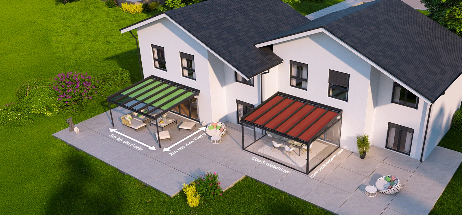Zwei moderne Terrassendächer an einem Einfamilienhaus mit Glasdach, farbigen Markisen (grün und rot) und Beschriftungen zu Maßen, Glas-Schiebetüren und Seitenelementen.