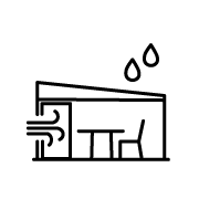 Icon mit stilisierten Linien und Barriere, Symbol für Wind- und Regenschutz durch Seitenelemente