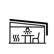 Icon mit Lampe, Strahlen und Markise, Symbol für Beschattung, Beleuchtung, Beheizung und Belüftung