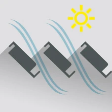 Icon mit stilisierten Linien und Barriere, Symbol für Wind- und Regenschutz durch Seitenelemente