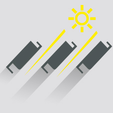 Icon mit Lampe, Strahlen und Markise, Symbol für Beschattung, Beleuchtung, Beheizung und Belüftung