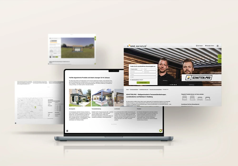 Laptop mit geöffneter Website, umgeben von eingeblendeten Seitenansichten mit Produktinformationen und Partnerprofil